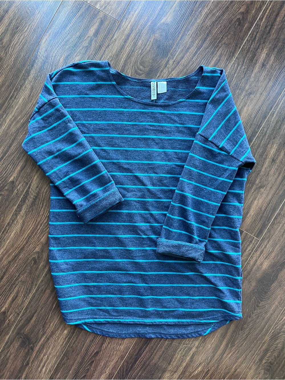 H&M Women's Navy and Teal Striped Shirt with Rolled Sleeves